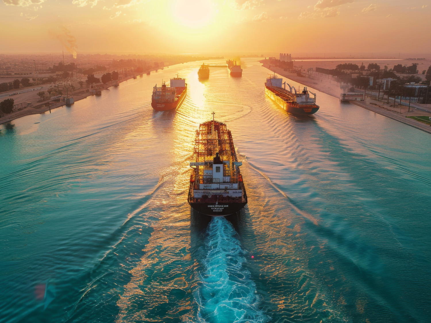 Cargo Vessels Travel Through The Suez Canal